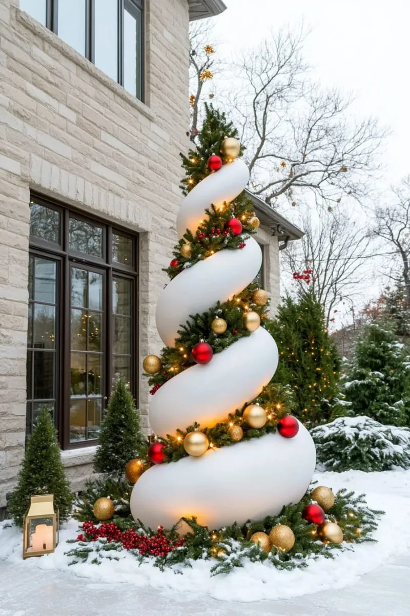 23 Exterior Christmas Decor Ideas Guests Will Remember All Season Long 11 white spiral christmas tree sculpture with cascading fairy lights on the lawn 1