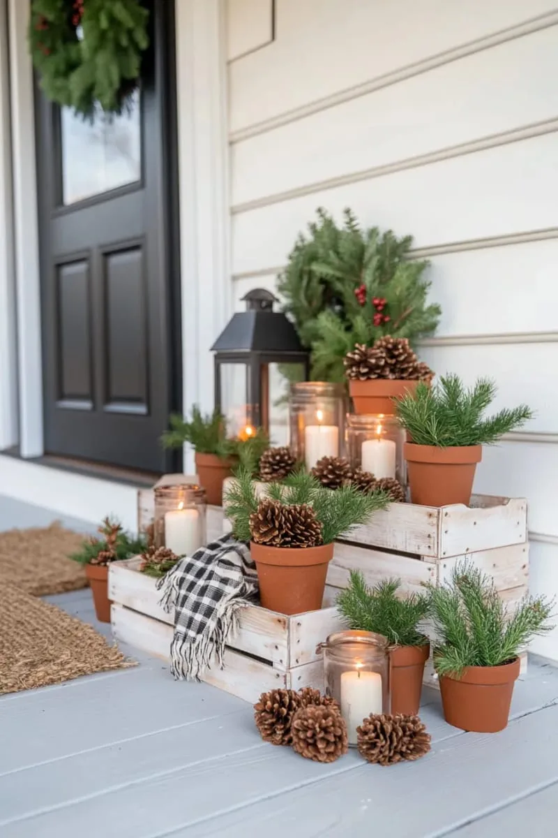 15 Charming Modern Farmhouse Christmas Decor Ideas for a Front Porch 18 white-washed wooden crates stacked with mini potted evergreens and pinecones 1