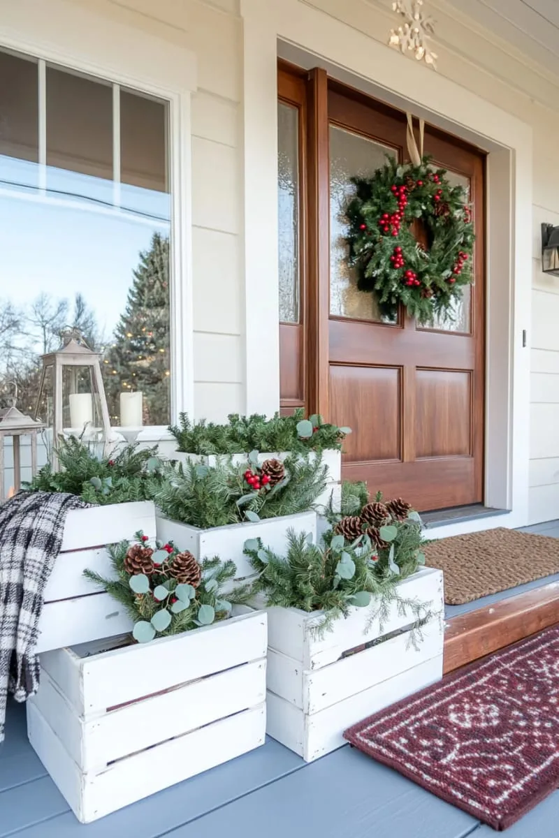 15 Charming Modern Farmhouse Christmas Decor Ideas for a Front Porch 20 white-washed wooden crates stacked with mini potted evergreens and pinecones 1