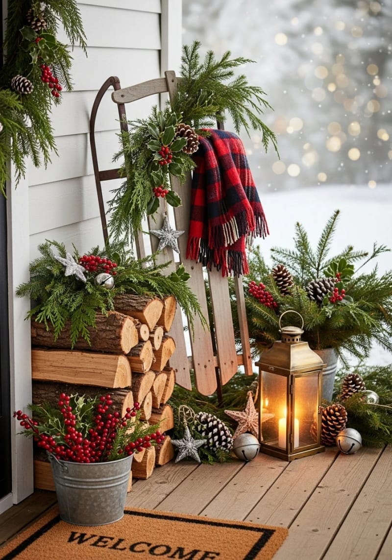 whitewashed wooden sled propped up with bundles of firewood and greenery. 1