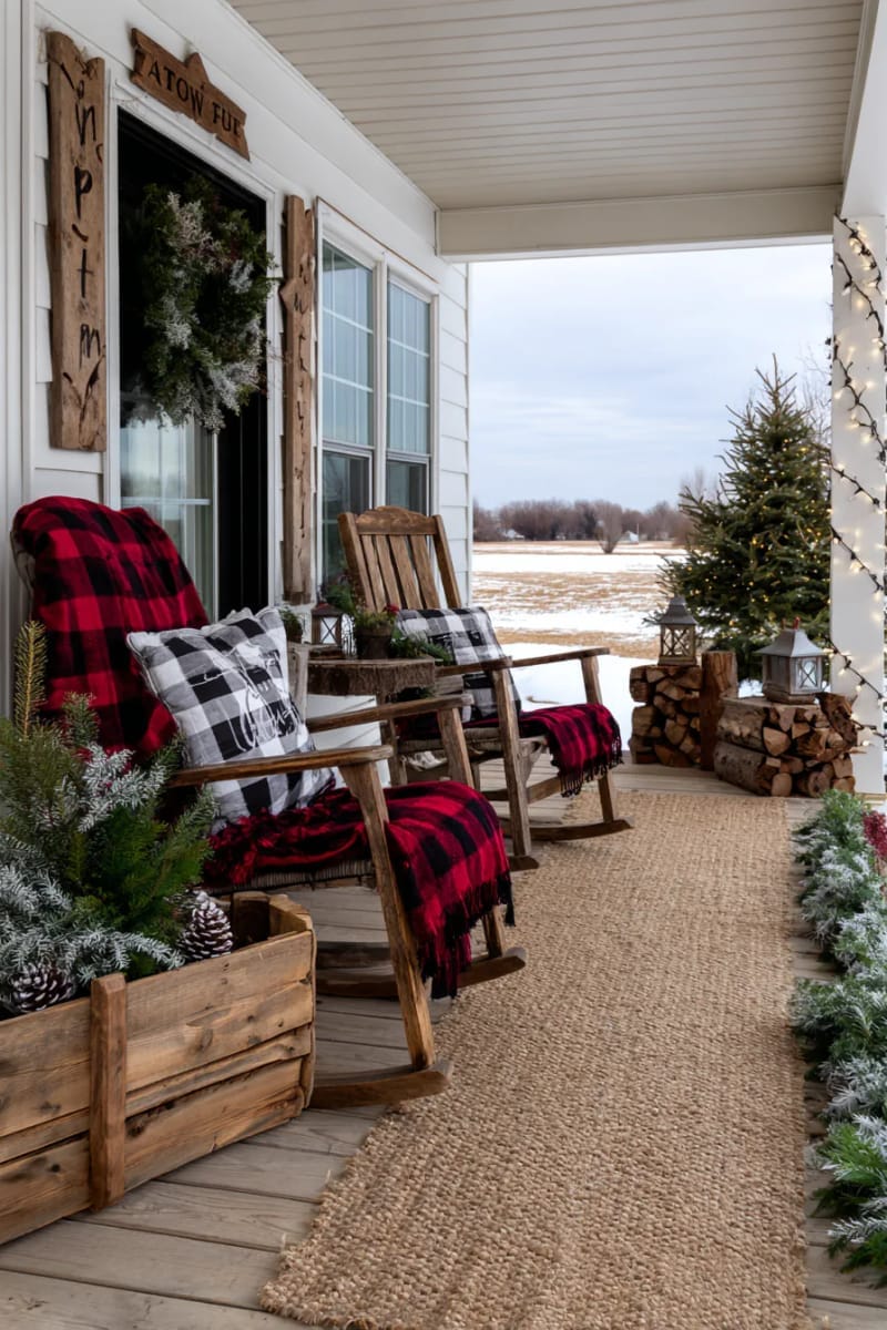 wicker rocking chair draped with a red plaid blanket and winter greenery. 1