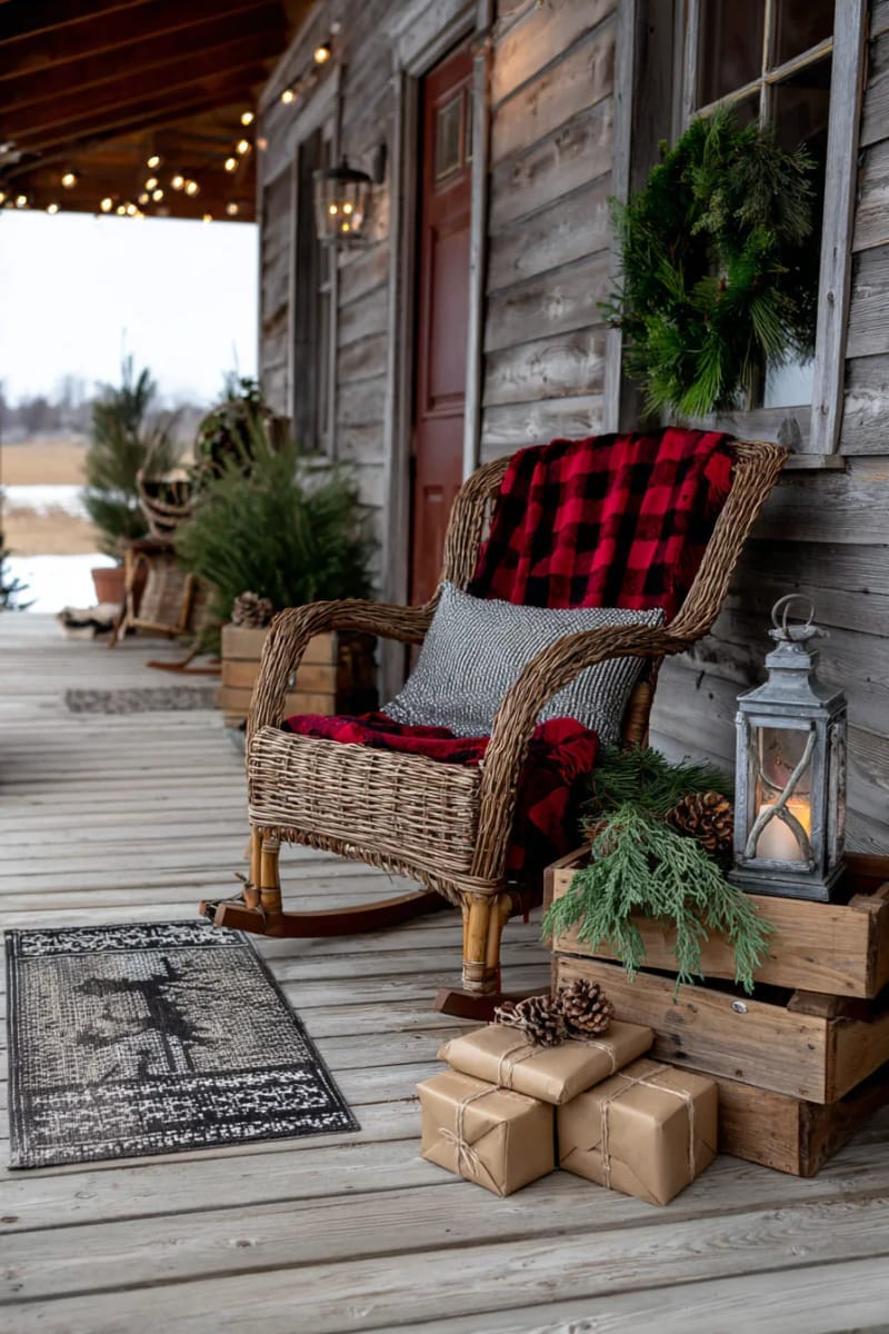 wicker rocking chair draped with a red plaid blanket and winter greenery. 1