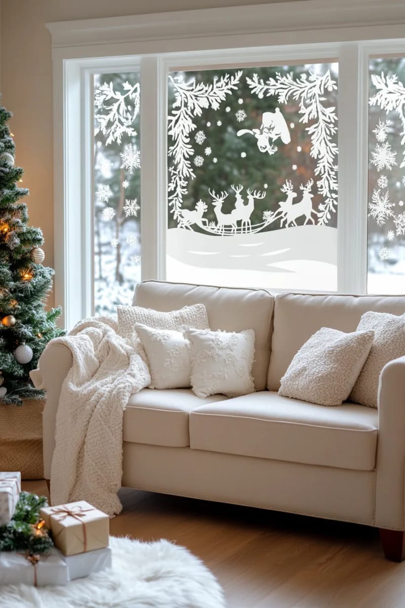 25 Best Christmas Window Decor Ideas to Try This Year 19 window cling art with reindeer, santa sleighs, and snowy trees in white. 1