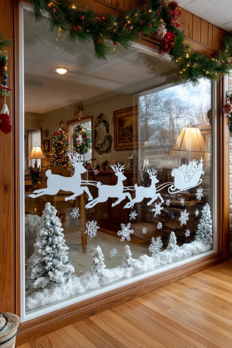 25 Best Christmas Window Decor Ideas to Try This Year 20 window cling art with reindeer, santa sleighs, and snowy trees in white. 1