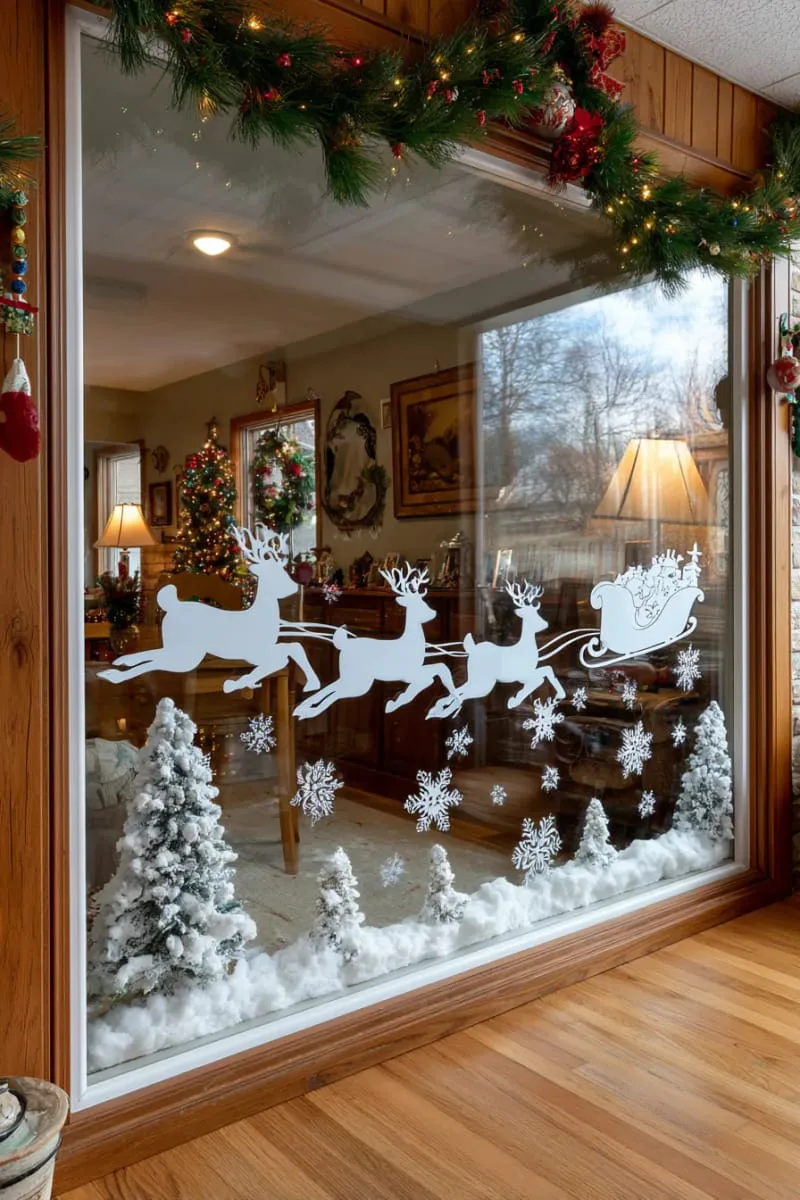 25 Best Christmas Window Decor Ideas to Try This Year 34 window cling art with reindeer, santa sleighs, and snowy trees in white. 1