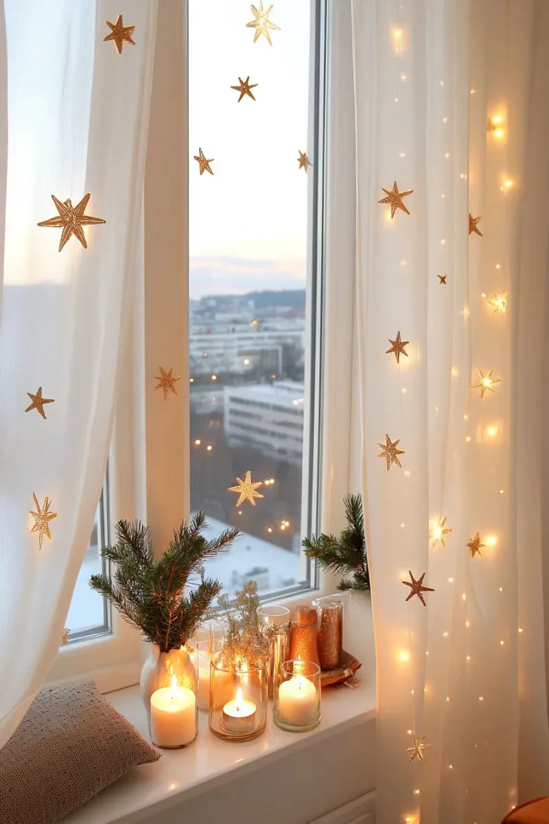 25 Best Christmas Window Decor Ideas to Try This Year 106 window covered with gold star stickers and twinkling fairy lights for festive sparkle. 1