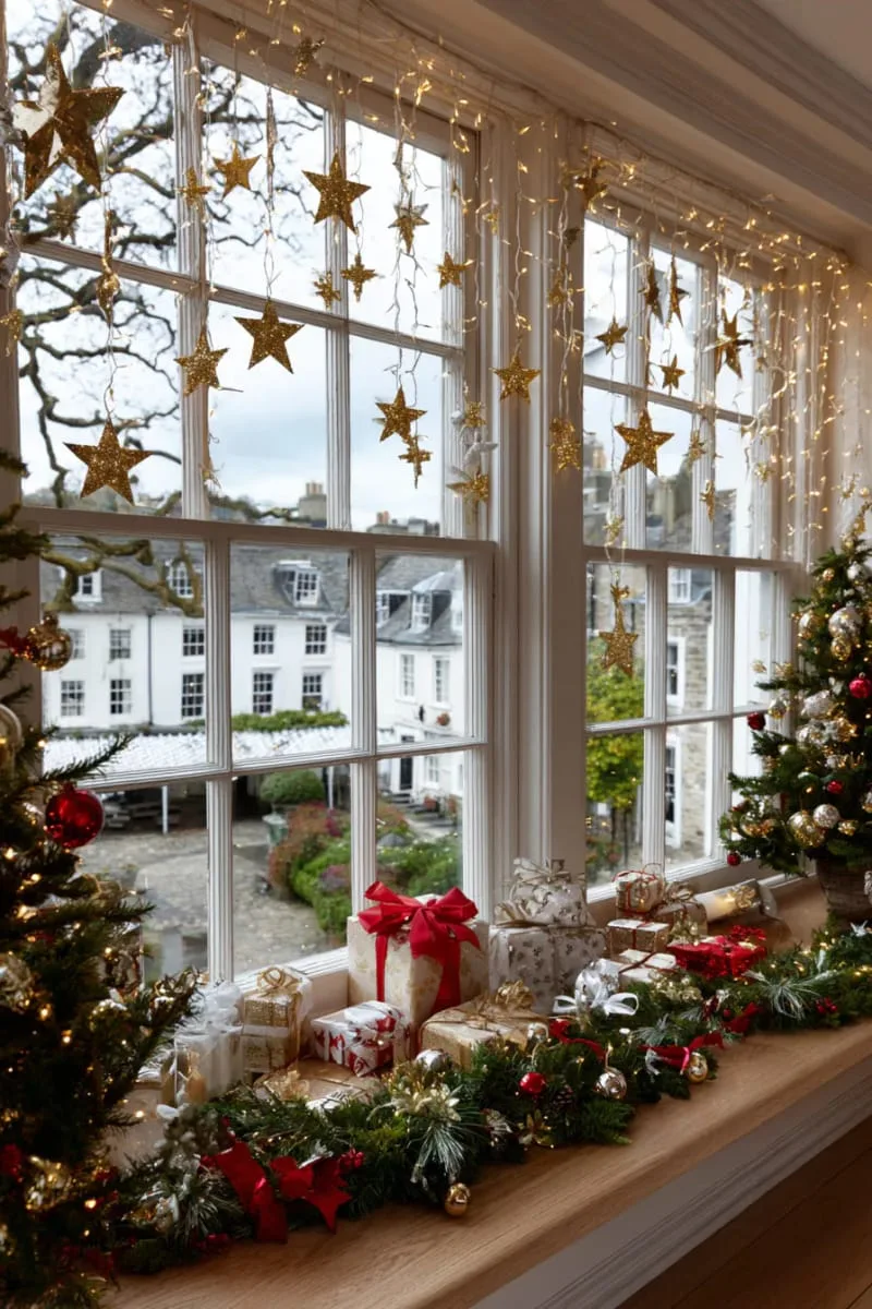 25 Best Christmas Window Decor Ideas to Try This Year 107 window covered with gold star stickers and twinkling fairy lights for festive sparkle. 1