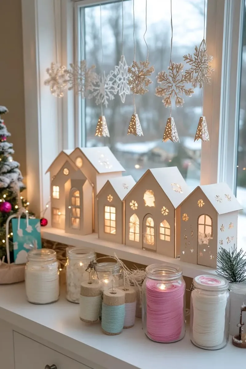 window display of glowing paper houses and snowflake cutouts 1