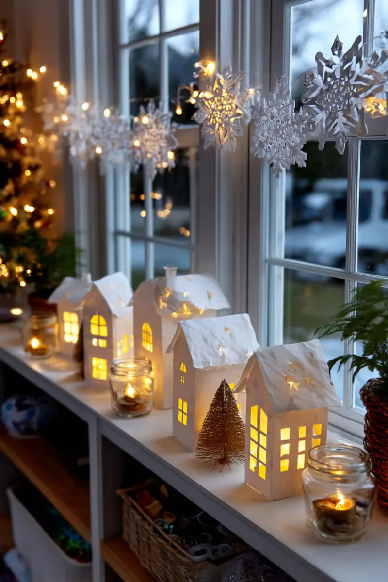 window display of glowing paper houses and snowflake cutouts 1