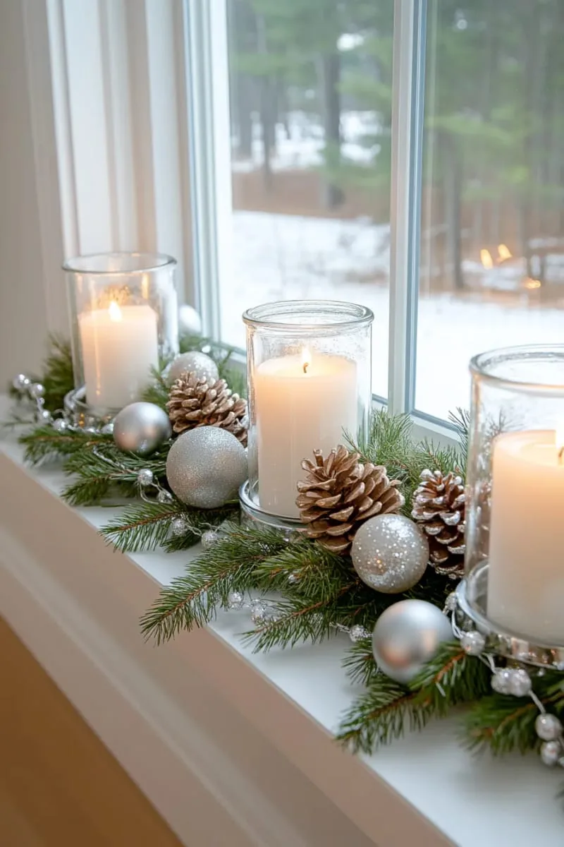 window ledge decorated with pine sprigs and silver accents 1