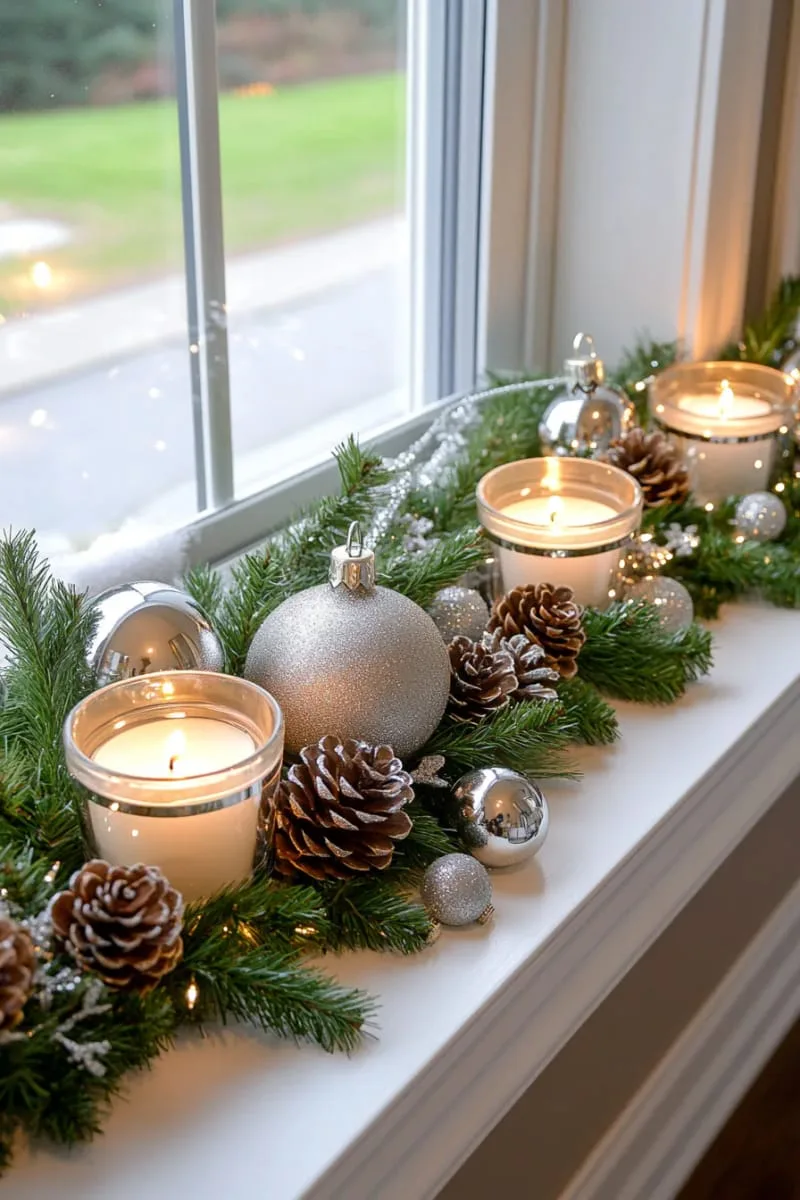 window ledge decorated with pine sprigs and silver accents 1
