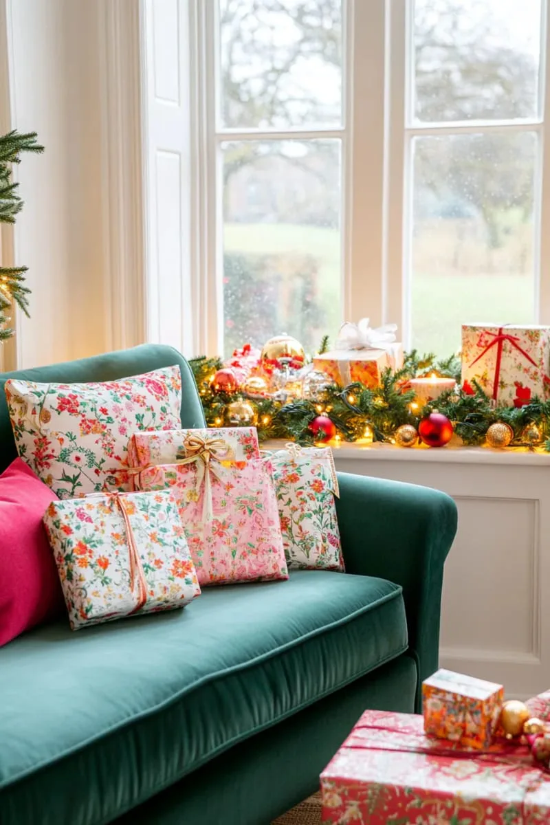 window ledge lined with miniature wrapped gift boxes and fairy lights 1