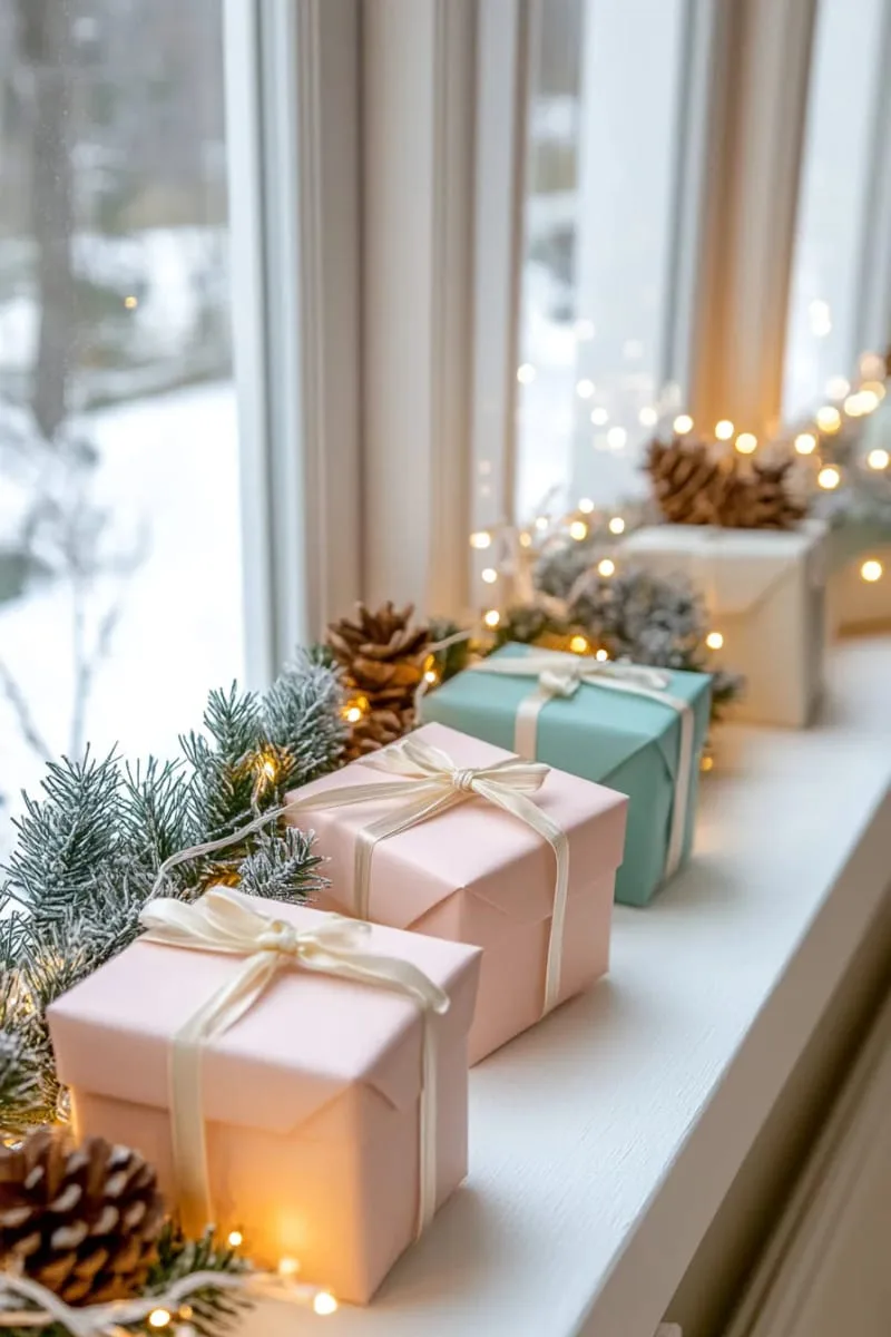 window ledge lined with miniature wrapped gift boxes and fairy lights 1
