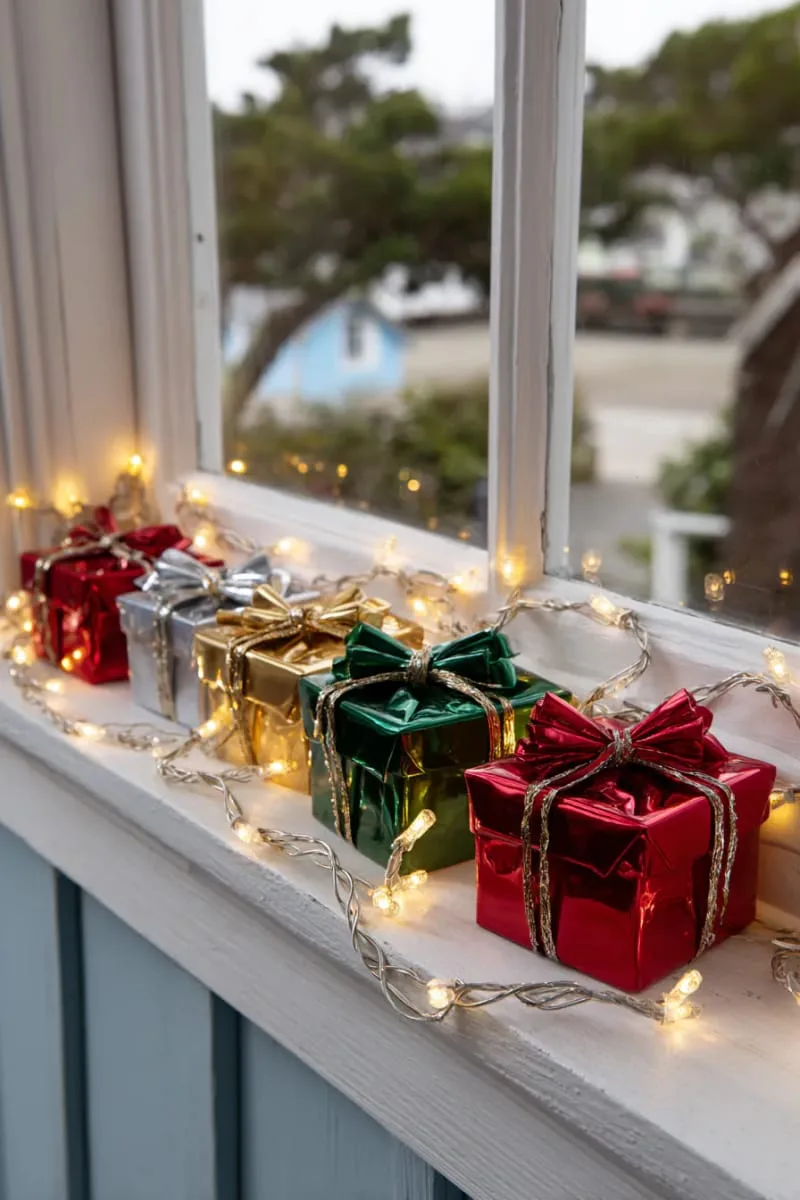 window ledge lined with miniature wrapped gift boxes and fairy lights 1