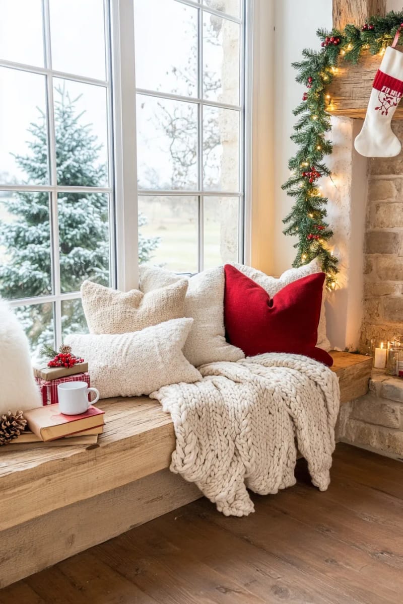 window seat with chunky pillows, fairy lights, and a steaming mug 1