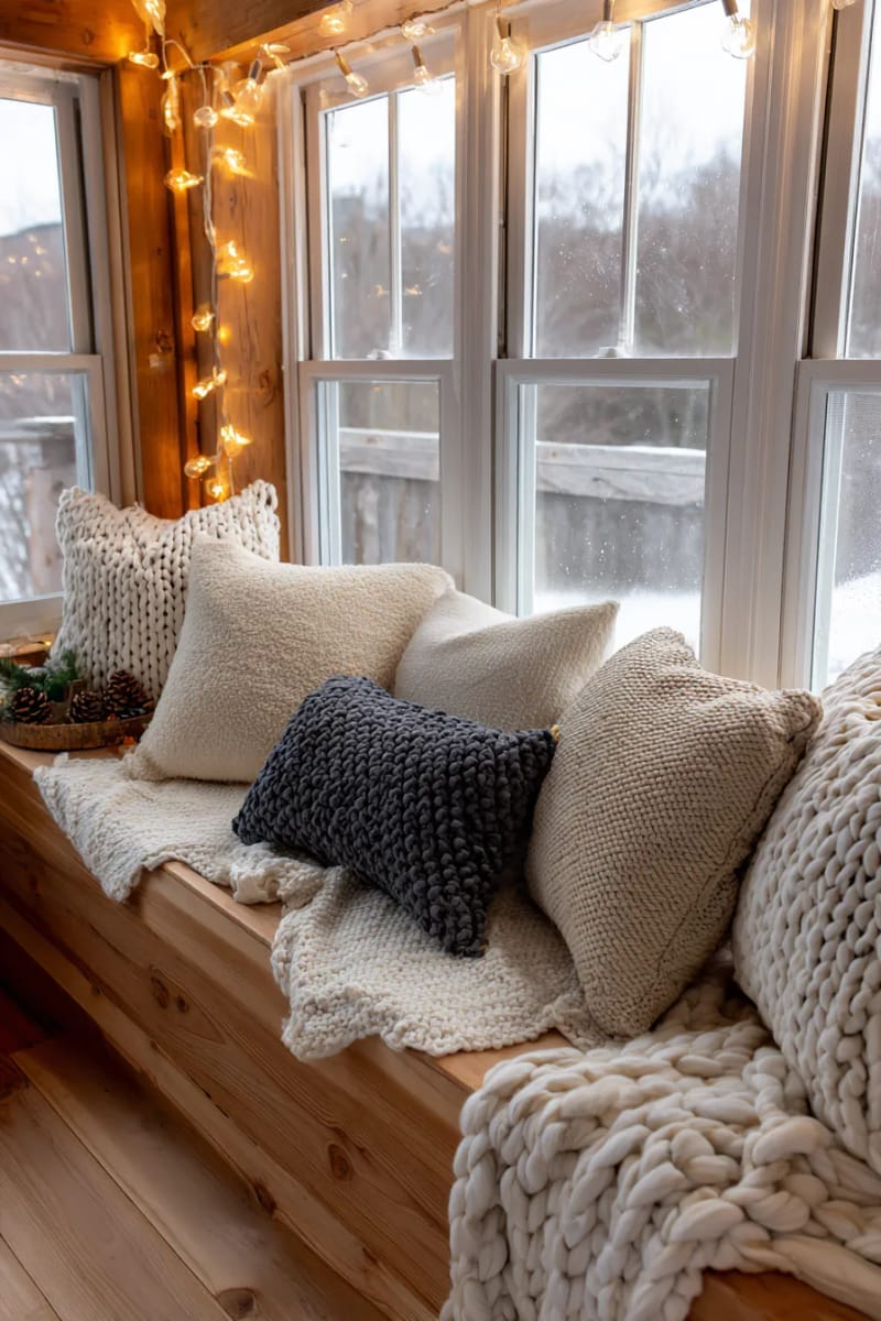 window seat with chunky pillows, fairy lights, and a steaming mug 1