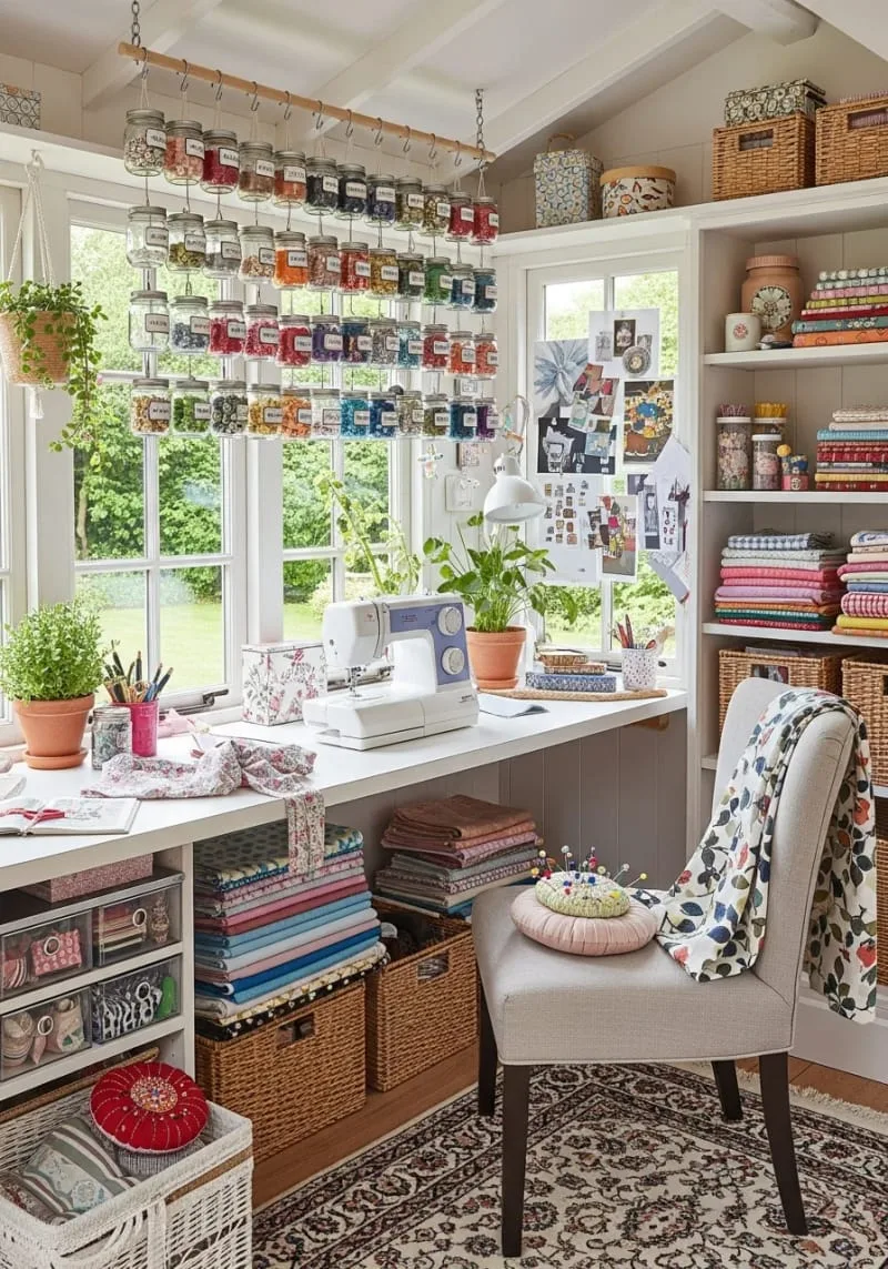 15 Sewing Room Organization Ideas to Declutter and Inspire Creativity 20 window-side sewing table with hanging mason jar notions rack 1