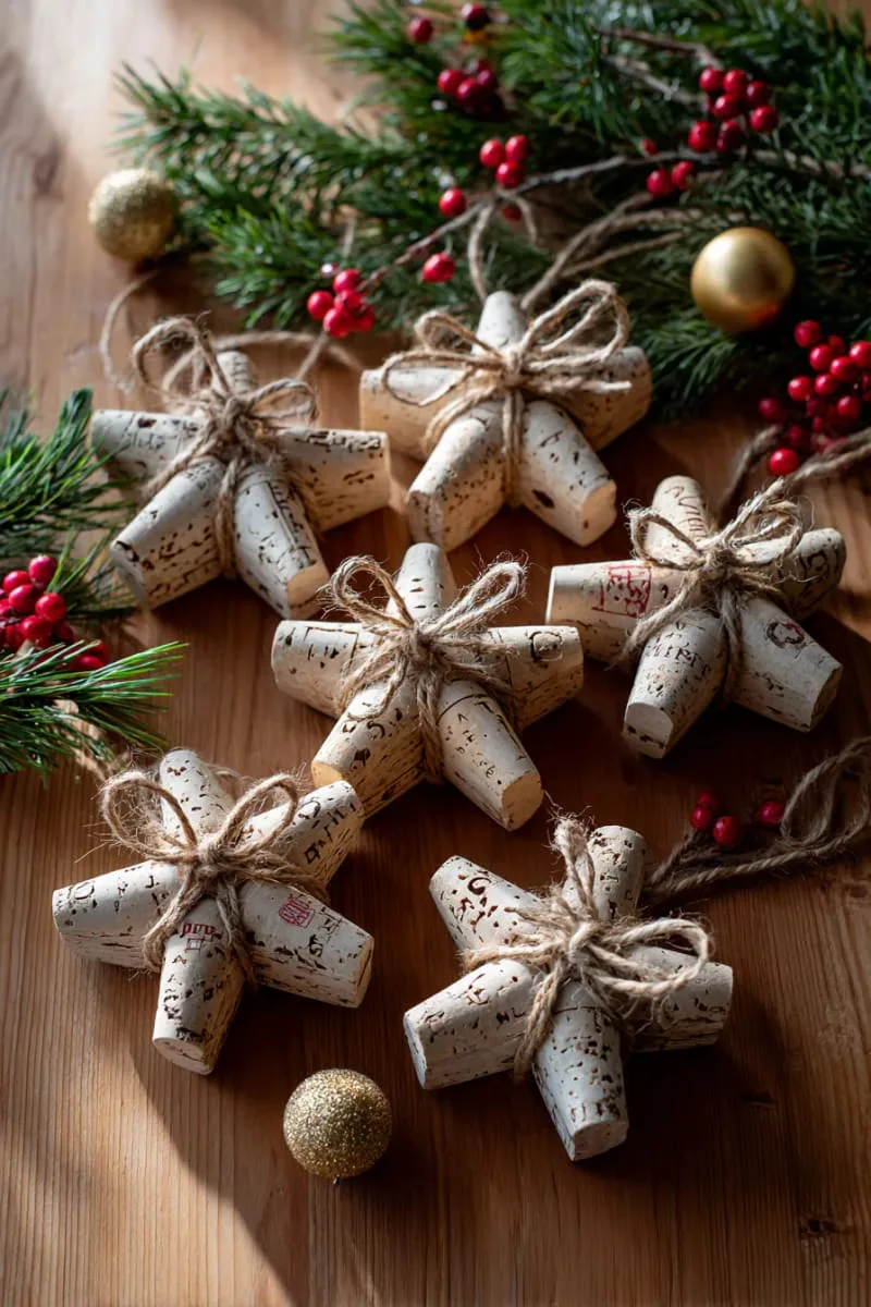 25 Upcycled Christmas Crafts DIY: Unique & Budget Friendly Decor Ideas 66 wine cork christmas stars tied with rustic twine bows 1