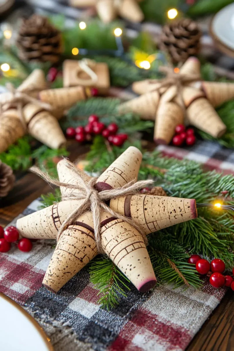 25 Upcycled Christmas Crafts DIY: Unique & Budget Friendly Decor Ideas 69 wine cork christmas stars tied with rustic twine bows 1