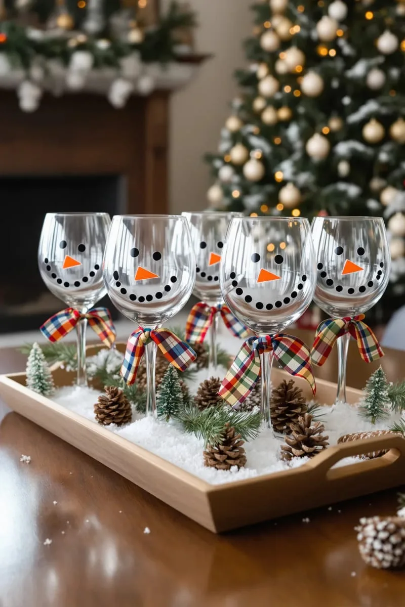 wine glass snowmen with painted faces and mini scarves 1