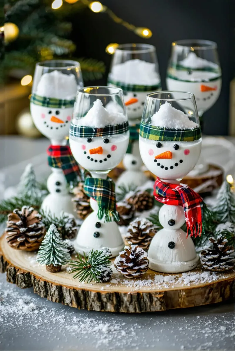 wine glass snowmen with painted faces and mini scarves 1