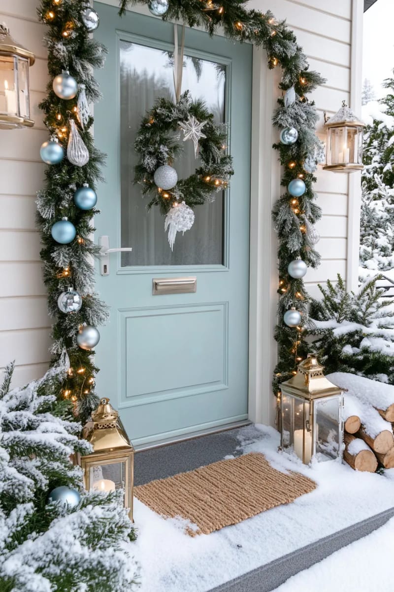29 Festive Christmas Door Decor Ideas for a Magical Entry 34 “winter wonderland” snowy scene with flocked garland and hanging ornaments 1