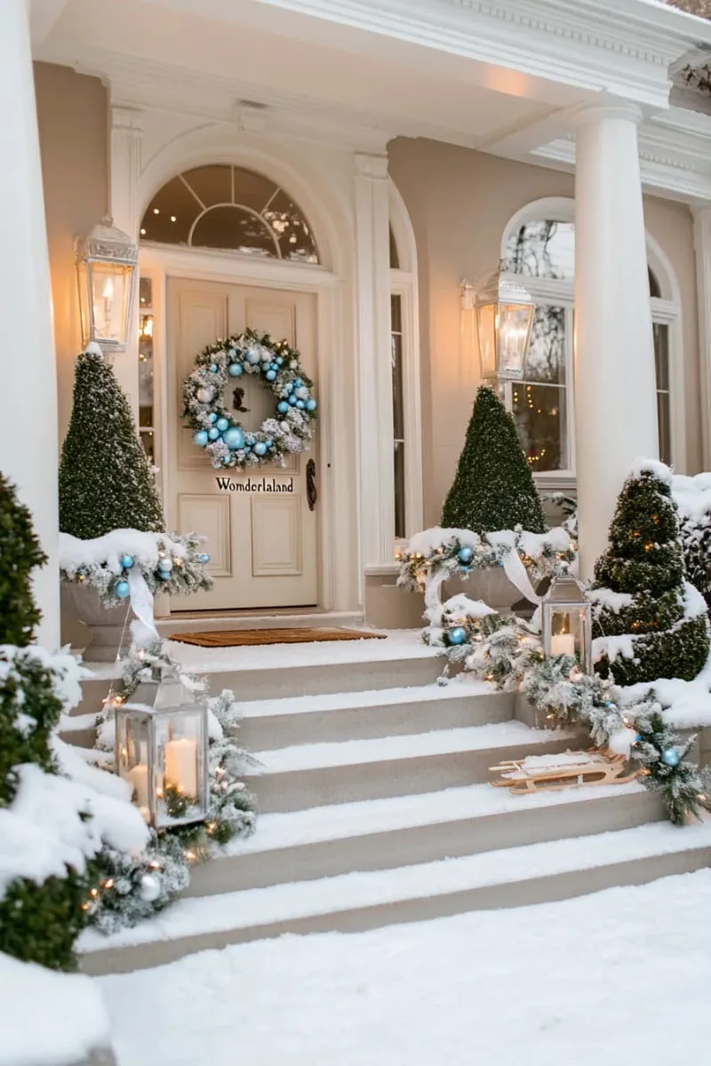“winter wonderland” snowy scene with flocked garland and hanging ornaments 1