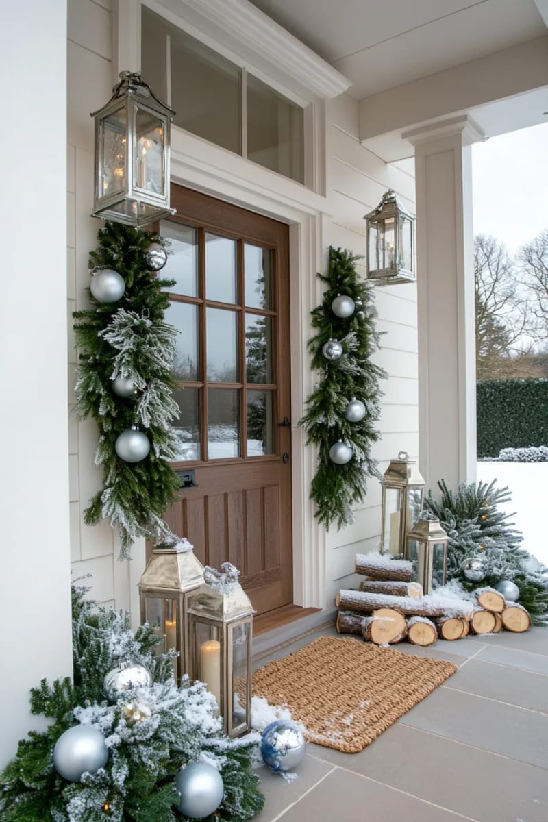 29 Festive Christmas Door Decor Ideas for a Magical Entry 36 “winter wonderland” snowy scene with flocked garland and hanging ornaments 1
