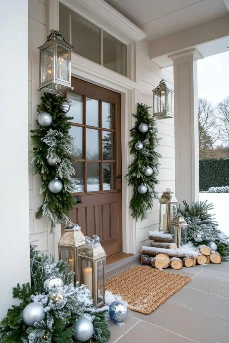 “winter wonderland” snowy scene with flocked garland and hanging ornaments 1