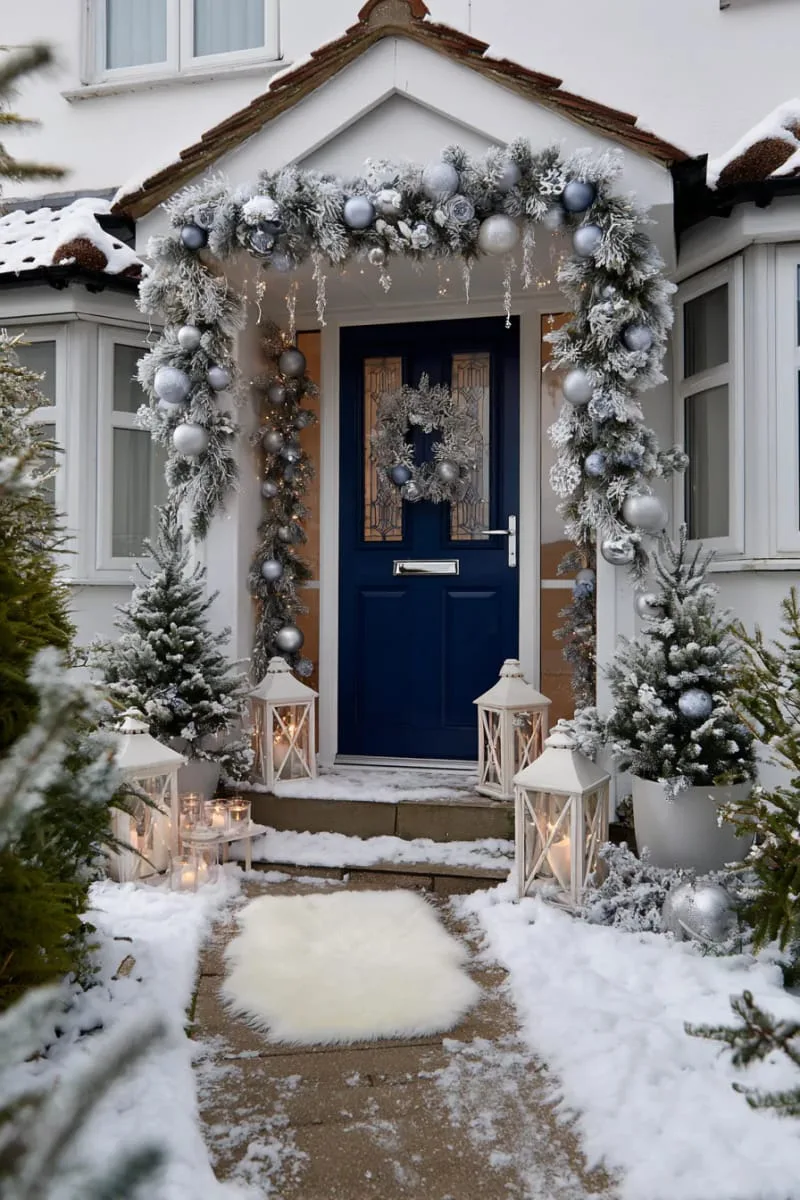 “winter wonderland” snowy scene with flocked garland and hanging ornaments 1
