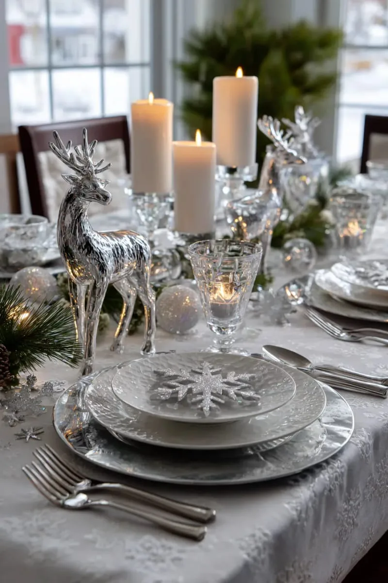 25 New Gorgeous White Christmas Decor Ideas That Wow 15 winter wonderland tablescape with glass reindeer and snowflake confetti 1