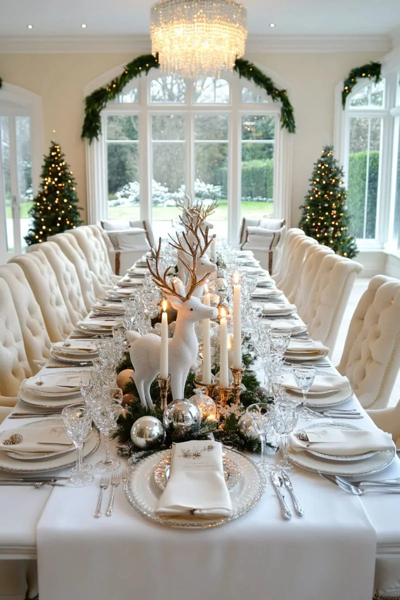 25 New Gorgeous White Christmas Decor Ideas That Wow 16 winter wonderland tablescape with glass reindeer and snowflake confetti 1