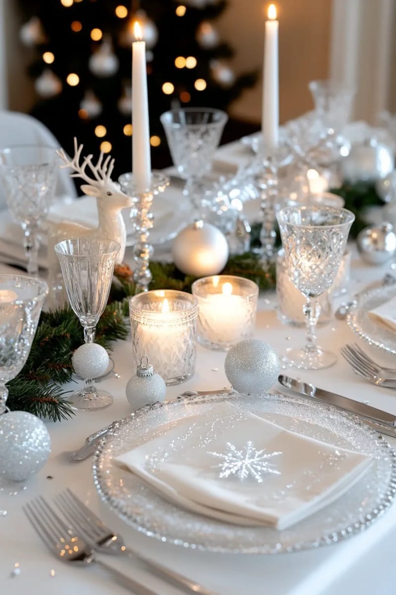25 New Gorgeous White Christmas Decor Ideas That Wow 18 winter wonderland tablescape with glass reindeer and snowflake confetti 1