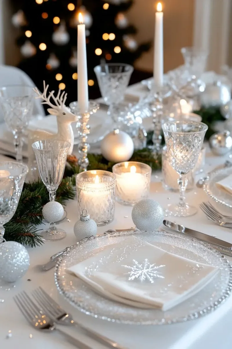 25 New Gorgeous White Christmas Decor Ideas That Wow 17 winter wonderland tablescape with glass reindeer and snowflake confetti 1
