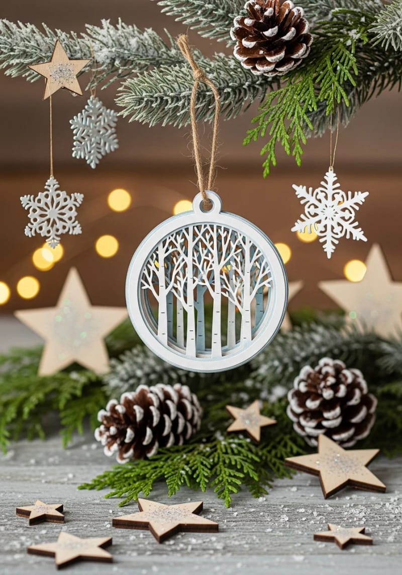 winter woodland layered ornament with birch tree silhouettes 1