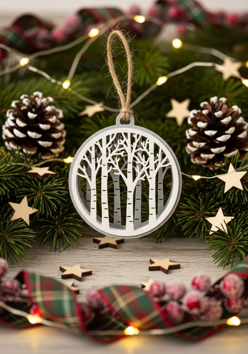 winter woodland layered ornament with birch tree silhouettes 1