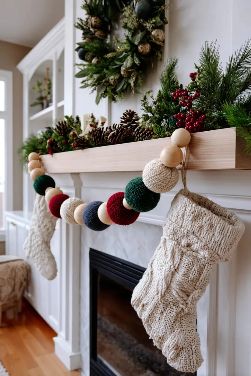 wood bead garland strung with felted wool balls for a cozy touch 1