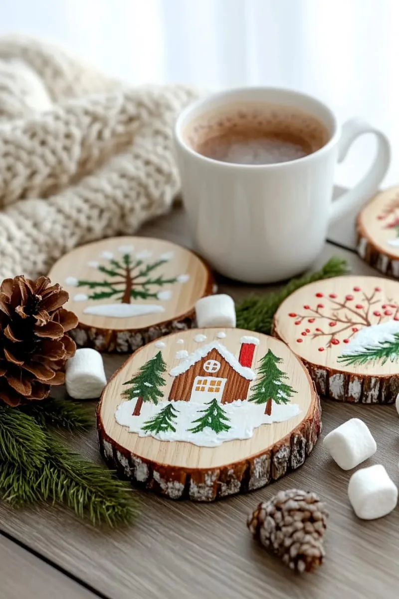 wood slice coasters with hand-painted wintry designs 1