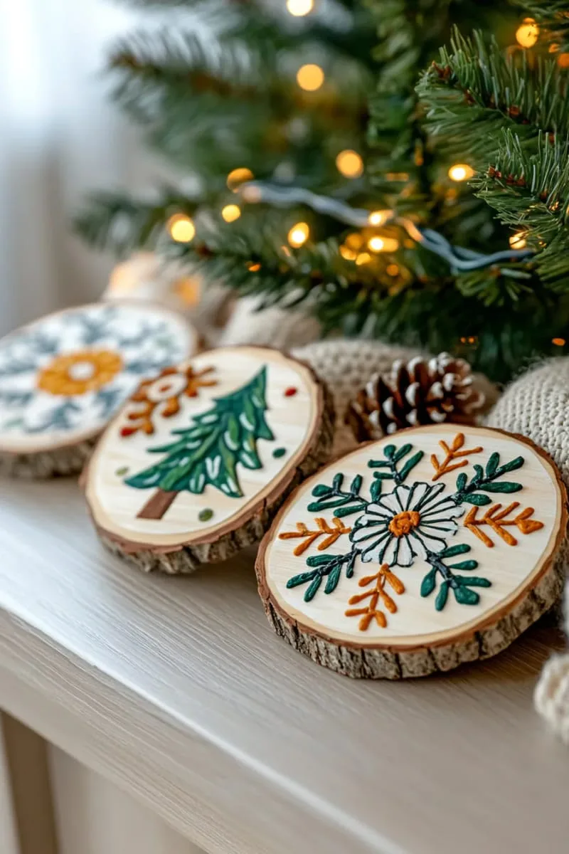 wood slice coasters with hand-painted wintry designs 1