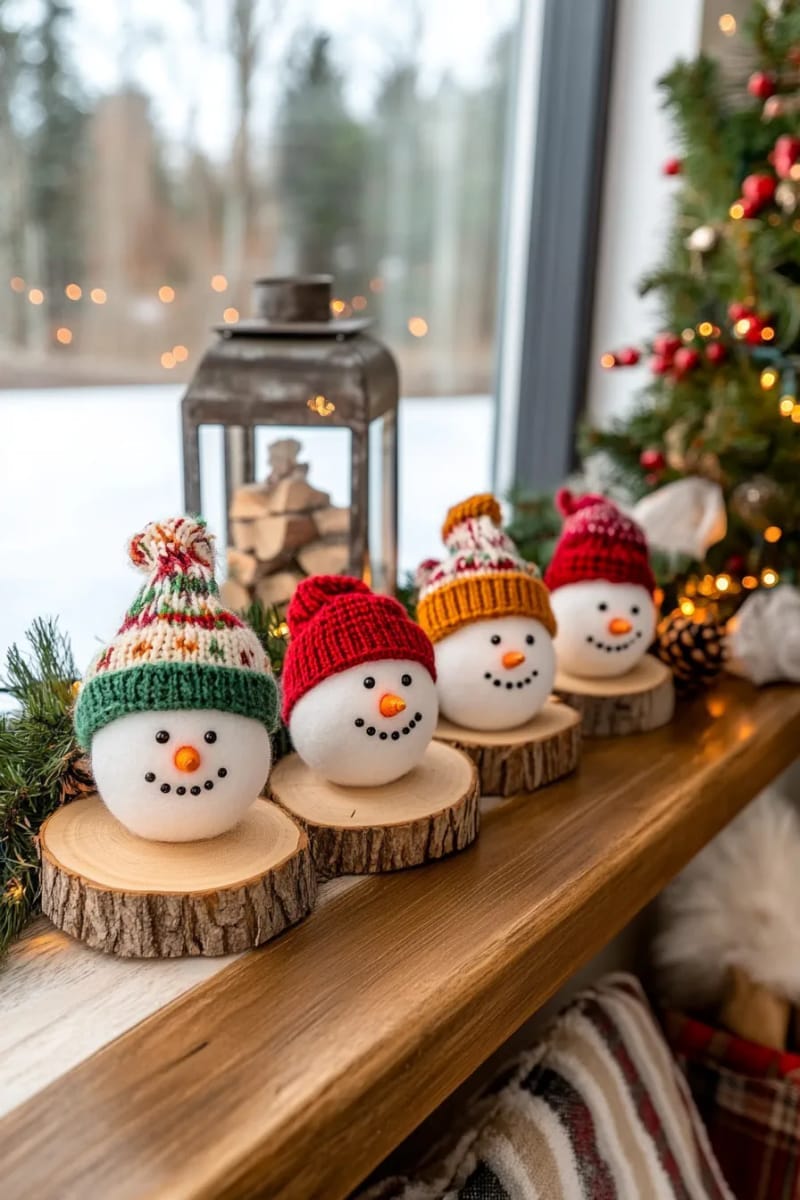 27 Stunning Christmas Decoration Crafts for a Unique 2025 50 wood slice snowmen with tiny knit hats and painted faces 1