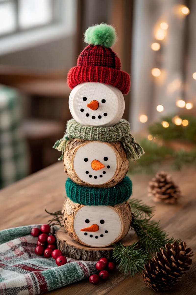 27 Stunning Christmas Decoration Crafts for a Unique 2025 51 wood slice snowmen with tiny knit hats and painted faces 1