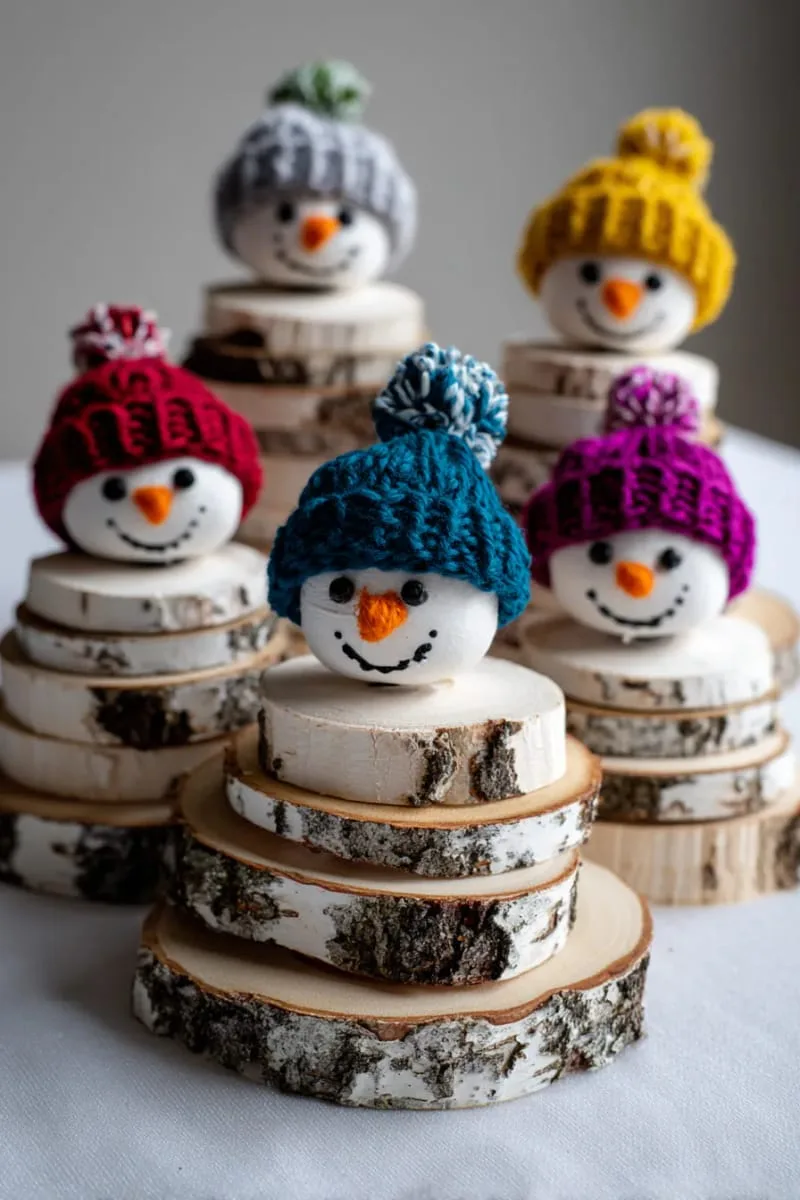 27 Stunning Christmas Decoration Crafts for a Unique 2025 54 wood slice snowmen with tiny knit hats and painted faces 1