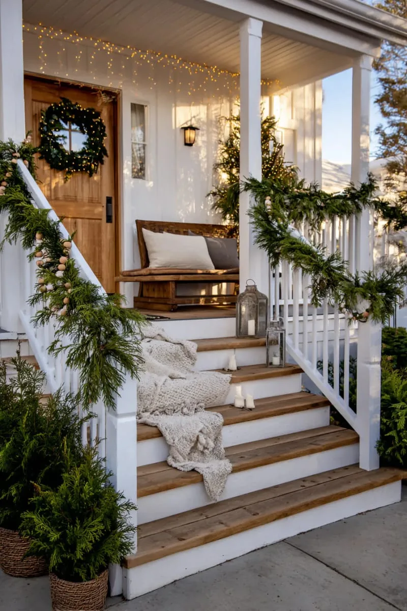 wooden bead and dried fruit garland along the staircase railing 1