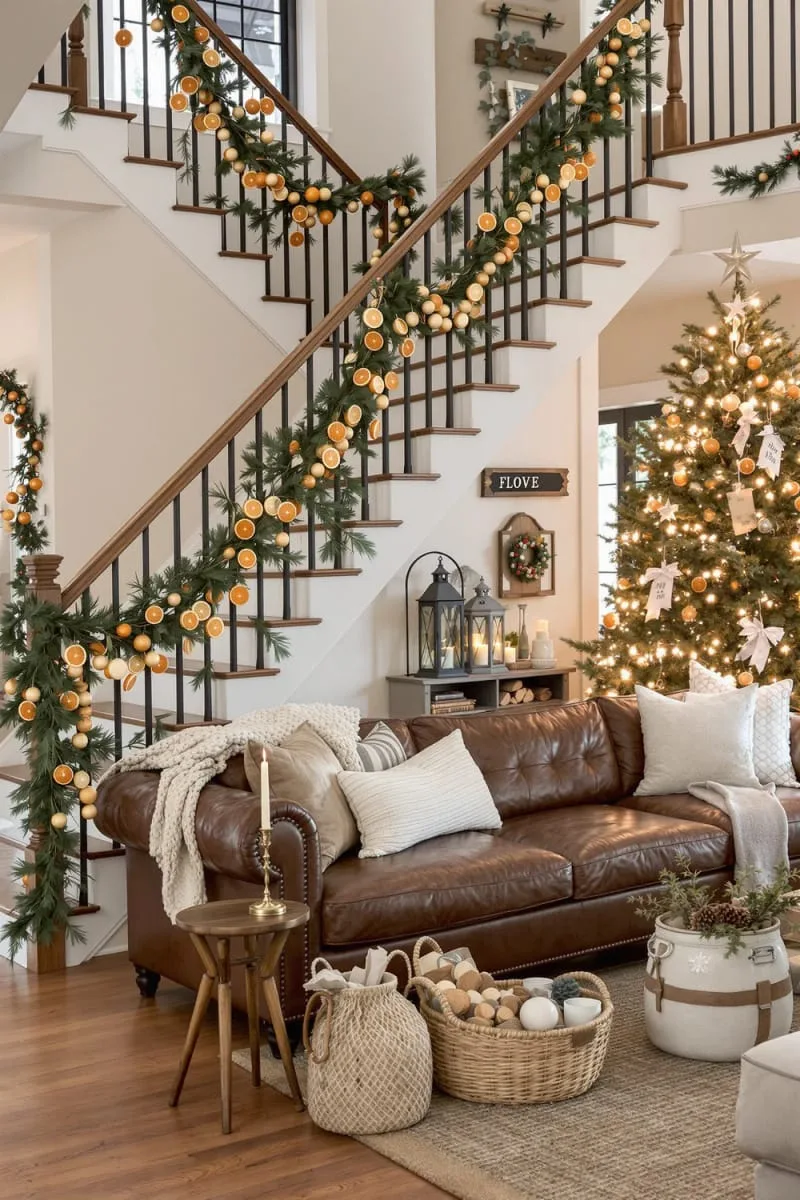 wooden bead and dried fruit garland along the staircase railing 1