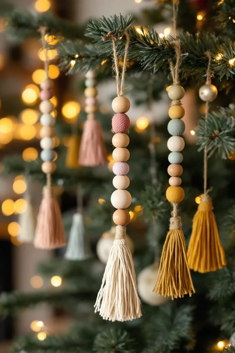 wooden bead and tassel tree ornaments in boho colors 1