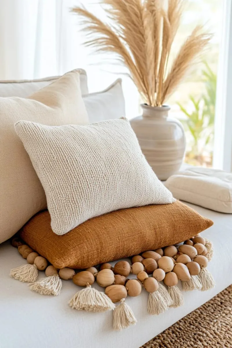 wooden bead garland draped over neutral knit throw pillows 1