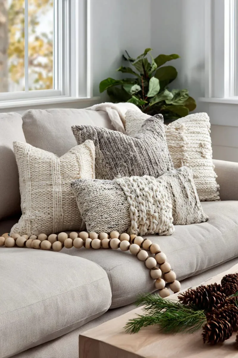 wooden bead garland draped over neutral knit throw pillows 1