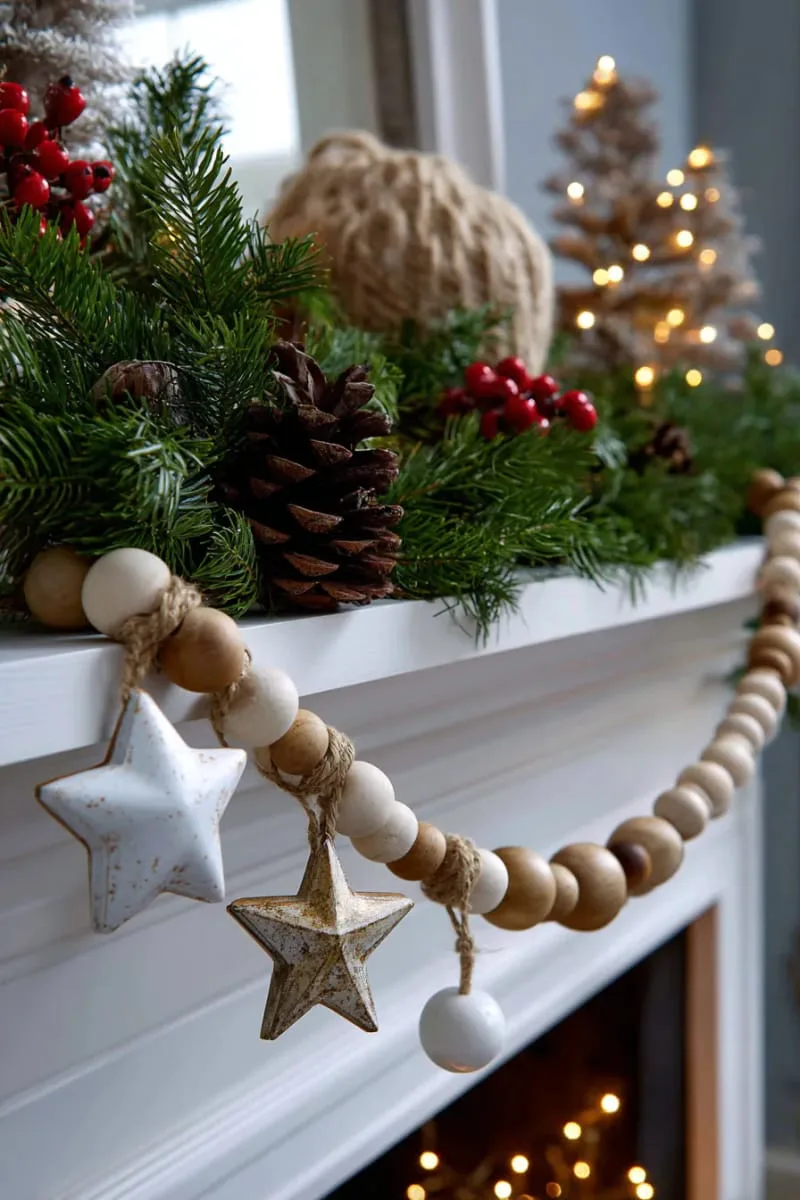 wooden bead garland with painted stars and natural twine 1