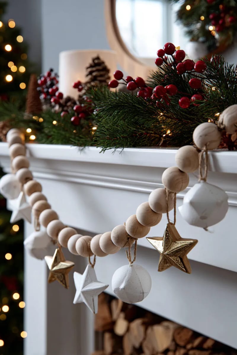 wooden bead garland with painted stars and natural twine 1
