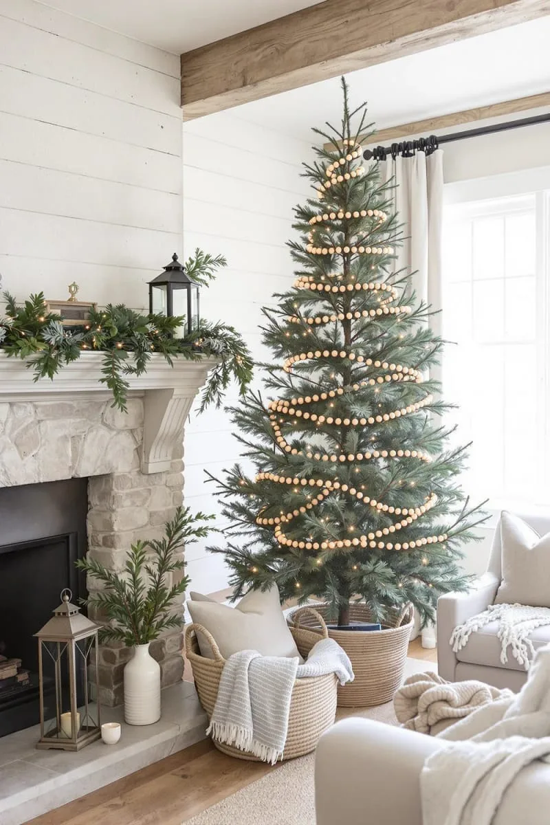 29 Simple Christmas Decor Ideas for a Beautiful Holiday Season 36 wooden bead garland wrapped around a minimalist tree 1